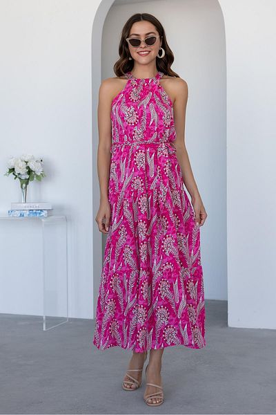 Dks Life Halter Neck Ethnic Patterned Viscose Long Dress