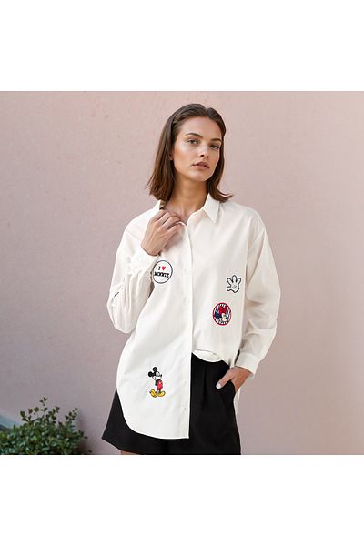 SP Characters Mickey Mouse and Minnie Mouse Print Oversized Shirt with High-Low Hem