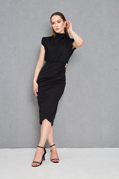 barış sülün lovebox Women's Crepe Fabric Draped Black Midi Evening Dress with Stand Collar Accessory Design 4409