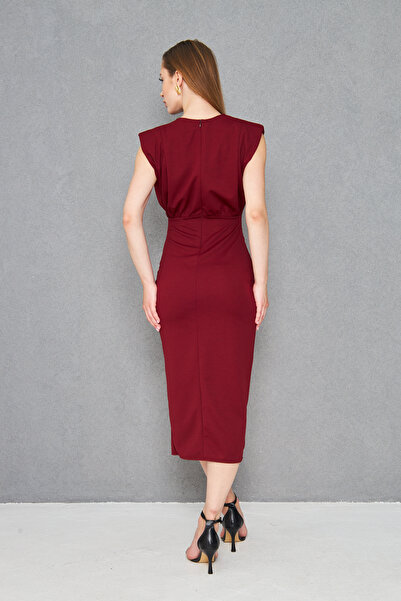 vuvutasarım Women's Burgundy Crepe Fabric Slit and Accessories Design Degaje Collar Draped Midi Dress 77130