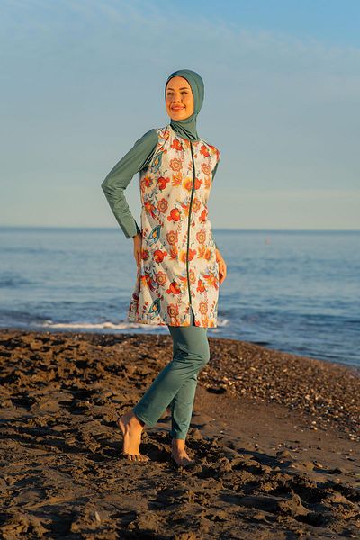 Ruko Maio Women's Parachute Fabric Zippered Oil Colored Floral Pattern Full Hijab Swimsuit C1T5N4O2-6