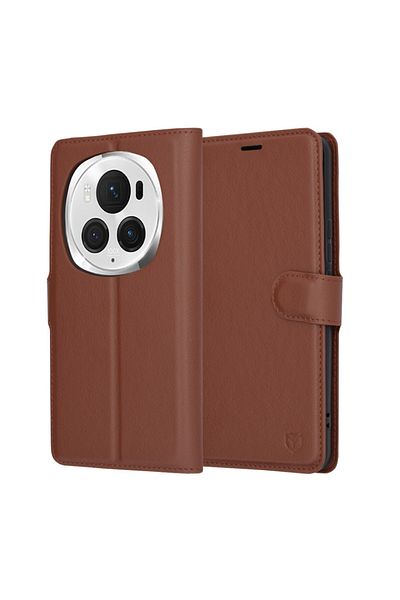 SKYDDAR INNOVATION Husă pentru Honor Magic6 Pro, piele tip folio, cu portofel interior, set de autocolante, maro