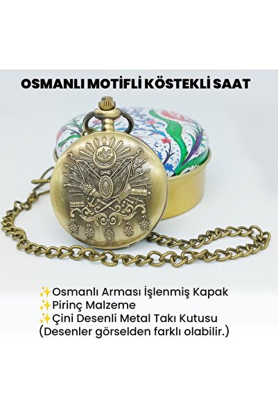 UpWay Osmanlı Armalı Zincirli Pilli Pirinç Köstekli Saat Osmanlı Motifli Metal Kutulu