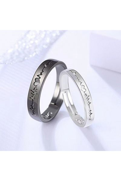 Tessero Set de doua inele pentru cupluri, indragostiti, model cu inimioara si puls, marime reglabila, unisex