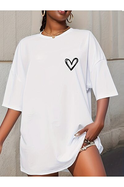 WOODROFFE Tricou de damă cu decolteu cu imprimeu minim cu inimă, oversize, lejer