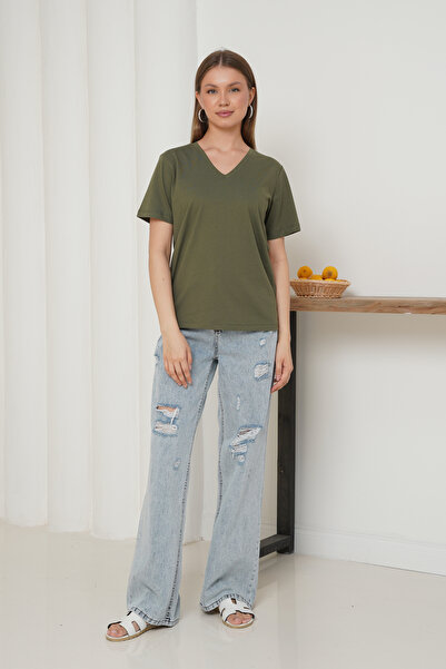 Ay Moda Collection تي شيرت نسائي بأكمام قصيرة ورقبة على شكل حرف V