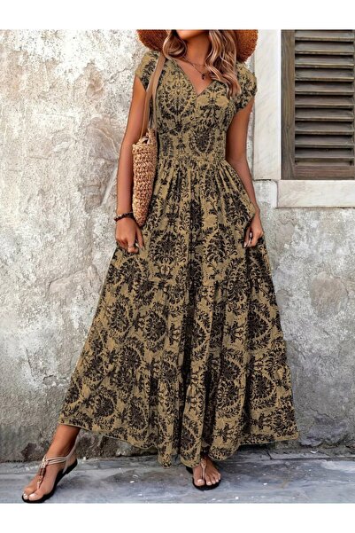 Kokosh moda Rochie maxi pentru femei, cu mâneci scurte, cu guler dublu, cu ta...