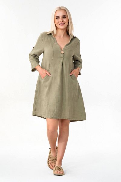 Fashion Showcase Muslin Poor Sleeve Natural Cotton Tunnel Sleeve Tunic Dress with Front Pocket Green