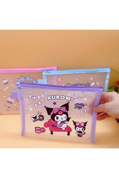 Miniso Kuromi Sanrio Mesh Pen Bag Kuromi Cinnamoroll Cartoon Student Waterproof Storage Bag Translucent Mat