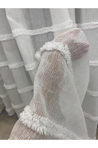 İNCİLİFE Keten Zeminli Alya Çizgili Ponponlu Tül Perde – 1/2,5 Orta Pileli,Üt...