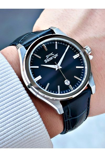 Slazenger Special Design Leather Band with Calendar Navy Blue Color Men's Wrist Watch with 24 Months Warranty 2486.02