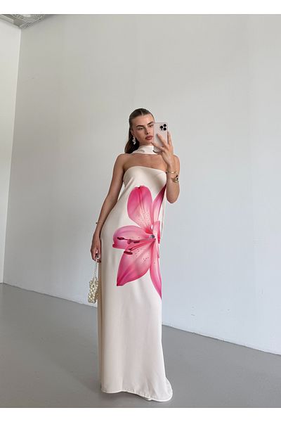 Laluvia Κρεμ Στράπλες Μακρύ Φόρεμα με Floral Print