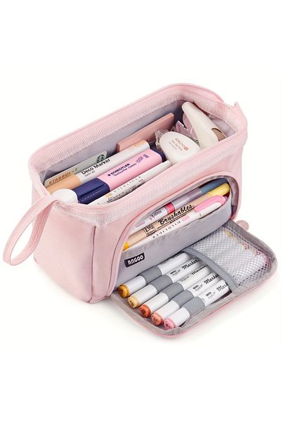 Choice Pink Extra Large Capacity Solid Color Pencil Case, Portable Simple Pencil Case Cosmetic Bag, School