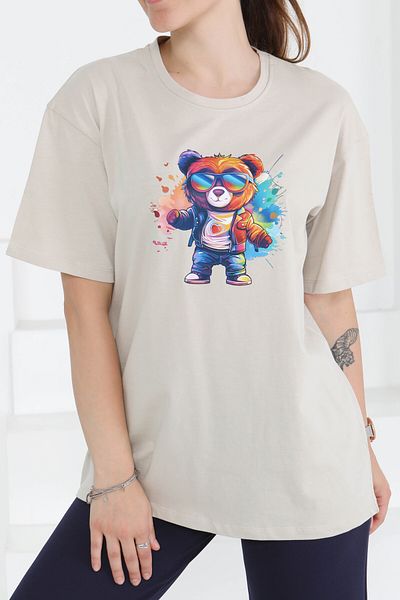 TOFİSA Printed Short Sleeve T-Shirt Stone - 27349