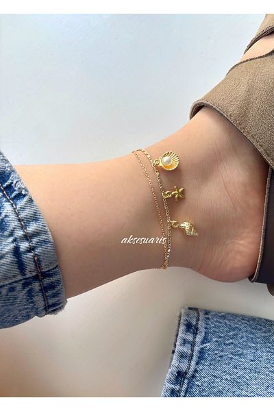 aksesuaris 2-Piece Gold Women's Anklet Seashell Starfish Oyster Pearl Anklet - Beach Combination