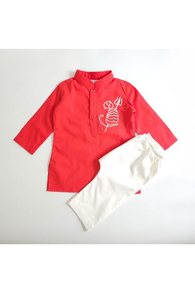 KeeBee Organic Cotton Tiger Embroidered Red Kurta paired with Pajama Pants