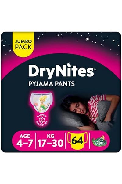 Huggies Dry Nights, 4-7 Years, Girls, 17-30 kg, Jumbo Pack, 64 Diaper Pants