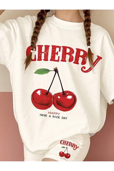 GLOWES Girl's Oversize Cherry Printed Shorts Leggings Set