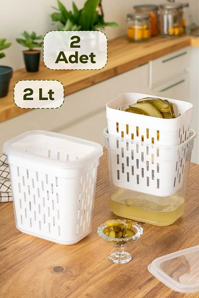 Porsima 1045 2-Piece Pickle Holder with Strainer Multi-Purpose Rectangular Storage Container Set - 2 Lt