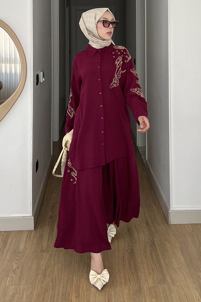 SaklıButik Nevşin Embroidered Shirt Pants Set