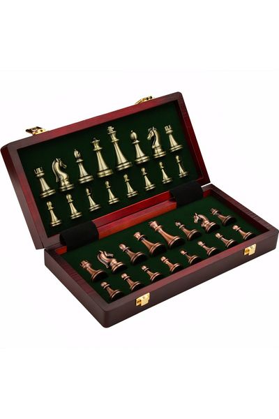 Choice 1 set High end chess set 30cm/11.8inch antique bronze foldable solid wood box alloy weighted chess p