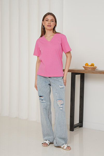 Ay Moda Collection تي شيرت نسائي بأكمام قصيرة ورقبة على شكل حرف V