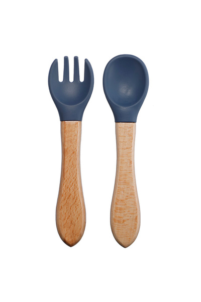 Choice AFD0007-E TYRY.HU 1Set Baby Silicone Fork Spoon Set Wooden Handle Children Silicone Feeding Fork Spo