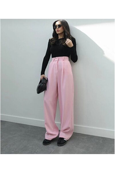Butik Kadın yüksek bel pembe palazzo pantolon