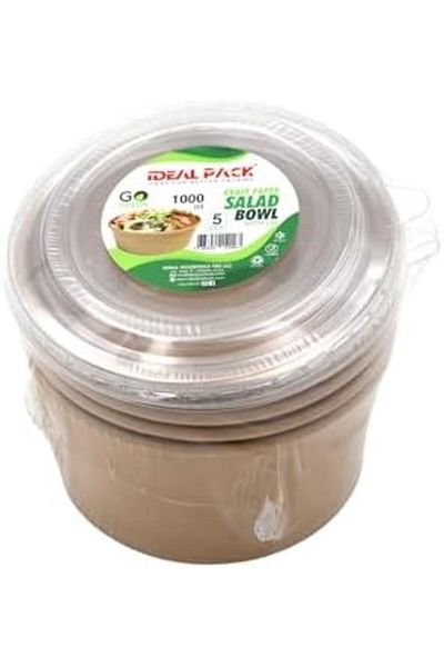 Ideal Pack Kraft Paper Salad Bowls with Lids – 5 PCS Eco-Friendly Disposable Salad Containers – Leak-Proof,