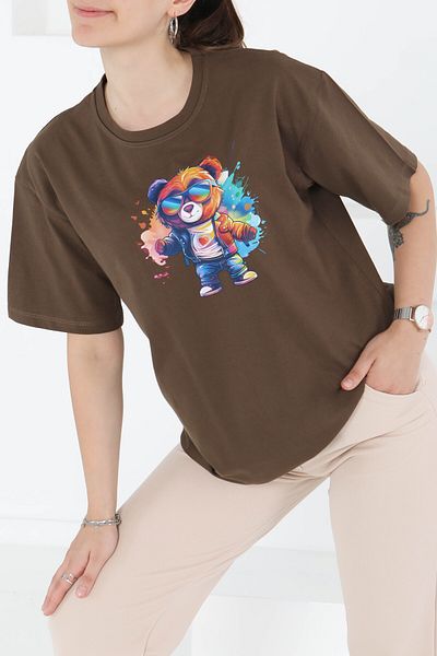 TOFİSA Printed Short Sleeve T-Shirt Brown - 27349