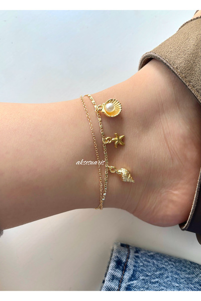 aksesuaris 2-Piece Gold Women's Anklet Seashell Starfish Oyster Pearl Anklet - Beach Combination