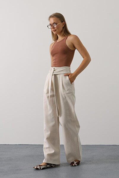 Lin Collection Women's Beige Linen Blended Loose Cut Palazzo Belt Detailed El...