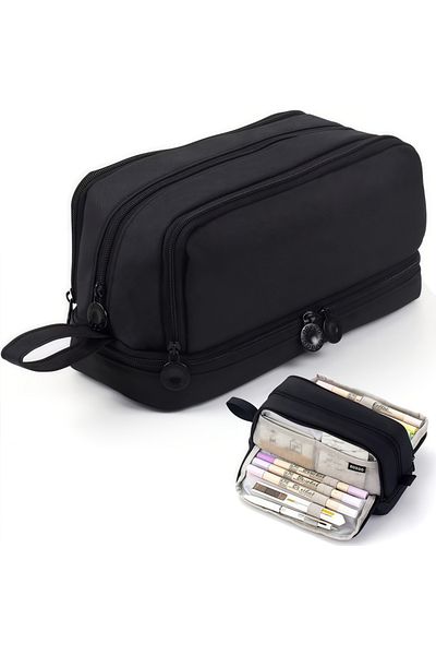 Choice black Large-capacity pencil case simple solid color stationery box double-layer multifunctional penc