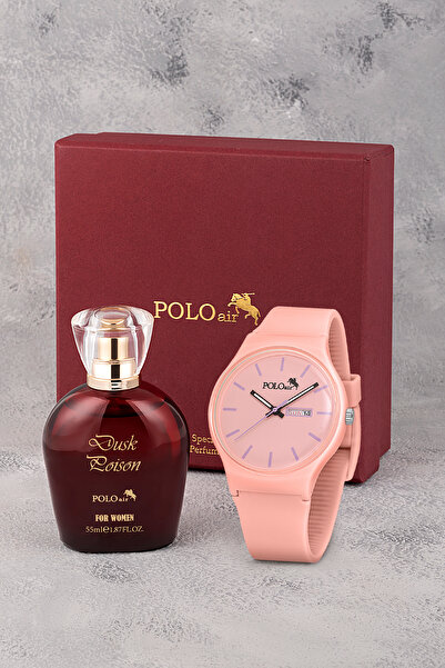 Polo Air Spor Gün Ay Takvimli Kadın Kol Saati Parfüm Bordo Hediyelik Kutsunda...