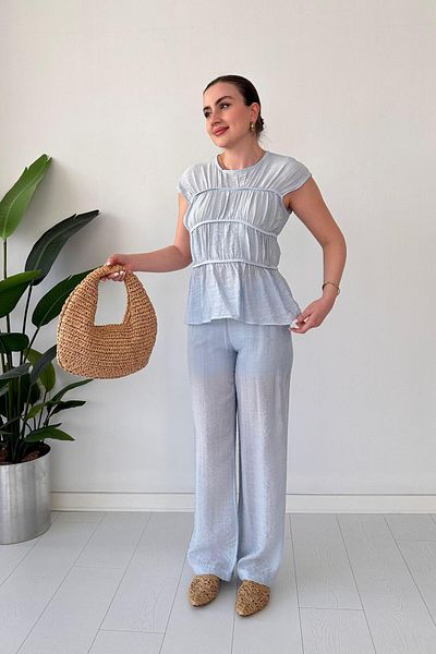MaziButik Piping Gathered Suit Baby Blue