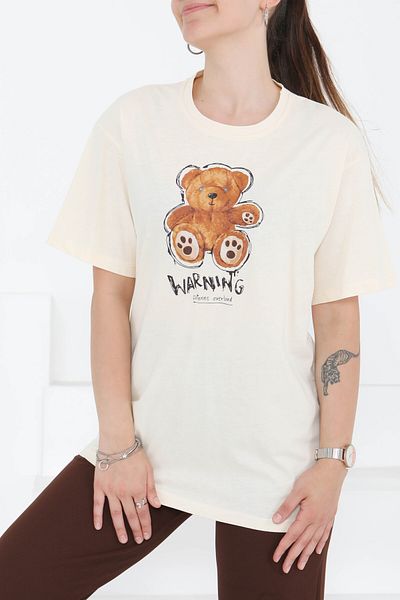 TOFİSA Printed Short Sleeve T-Shirt Cream - 27350