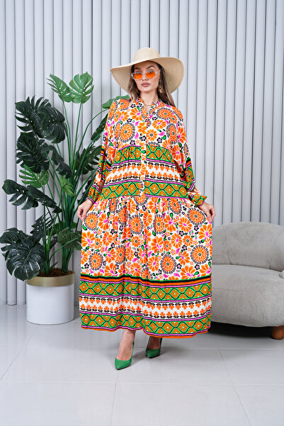 EL jadida Γυναικείο Μεγάλο Μέγεθος Χιτζάμπ Φόρεμα Βισκόζης Πορτοκαλί