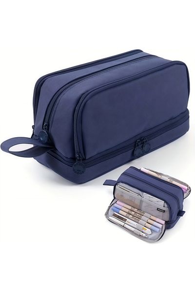 Choice Navy Large-capacity pencil case simple solid color stationery box double-layer multifunctional penci