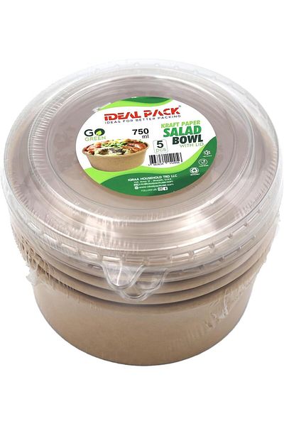Ideal Pack Kraft Paper Salad Bowls with Lids – 5 PCS Eco-Friendly Disposable Salad Containers – Leak-Proof,