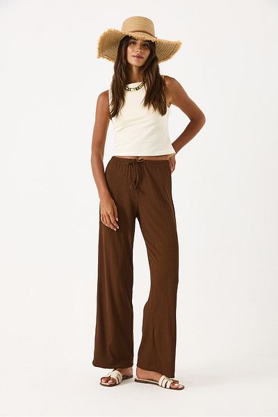 VENA Women's Wide Leg Draped Trousers with Elastic Waist - Brown