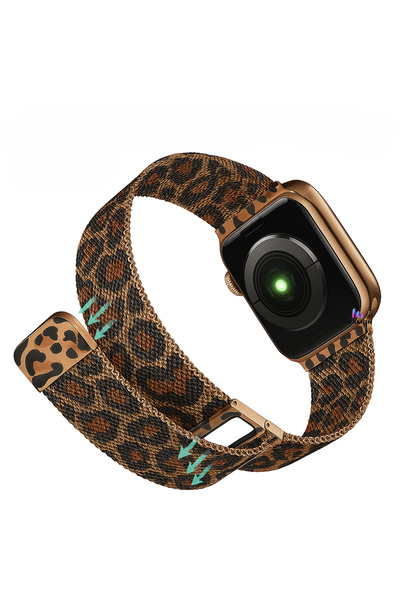 Dexmon Apple Watch 11 10 42mm 6 7 8 9 10 11 Se Uyumlu 38 40 41mm Metal Hasır Mıknatıslı Kordon LeoparDesen