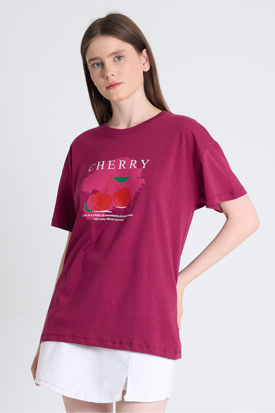 Rays تي شيرت أحمر كلاريت 100% قطن مطبوع عليه نص 2150-15M