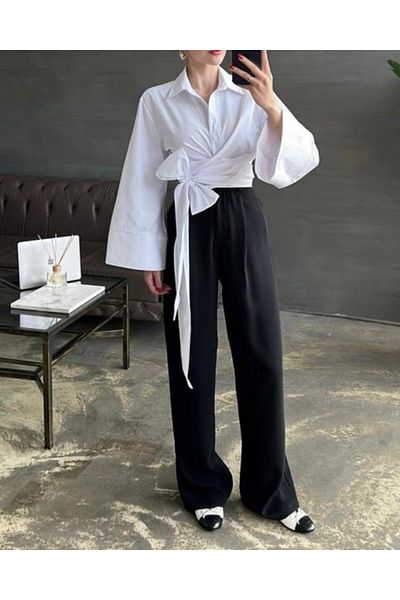 JESSE STORY Women's Crop Waist Tie Shirt Cotton