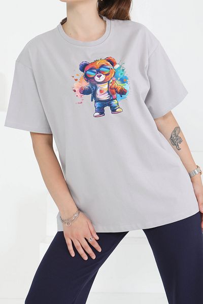 TOFİSA Printed Short Sleeve T-Shirt Gray - 27349