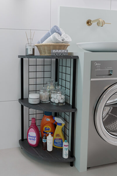 BARIN DESIGN 3 Raflıı Köşe Raf Banyo ve Çamaşır Odası Çok Amaçlı Düzenleyici Metal Gövde Çevir Kur Kolay Kurulum