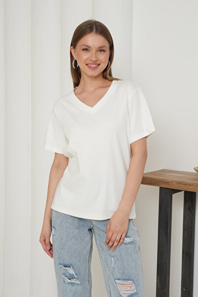 Ay Moda Collection 100% Cotton Interlock Fabric Regular Fit V-Neck Women's T-Shirt