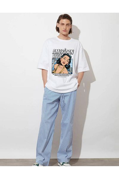 DEEPSENCE Tricou alb oversize pentru bărbați, în stil american, din bumbac imprimat de bază