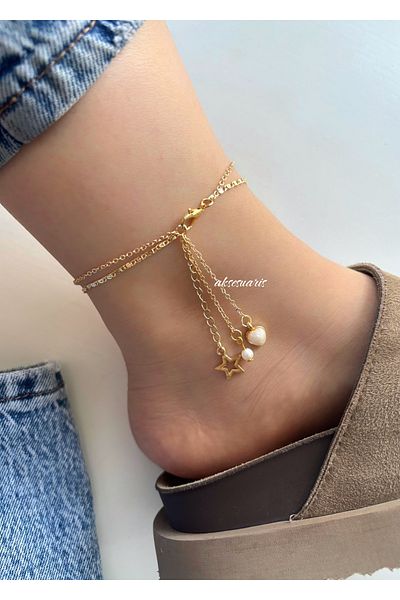 aksesuaris 2-Piece Gold Star Heart Pearl Women's Anklet