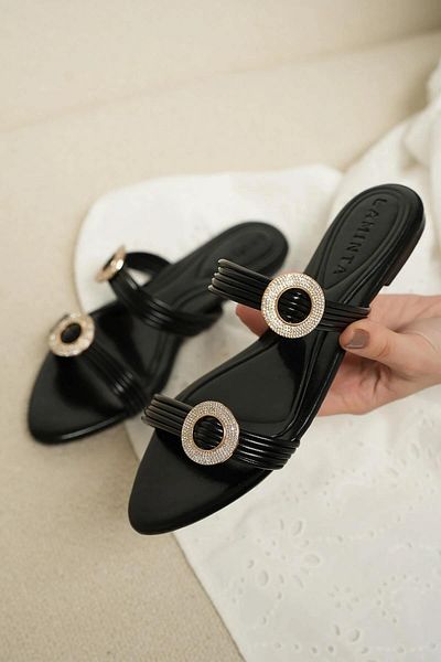 LAMİNTA Tiana Black Stone Buckle Detailed Slippers