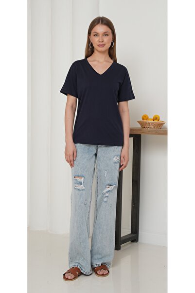 Ay Moda Collection تي شيرت نسائي بأكمام قصيرة ورقبة على شكل حرف V